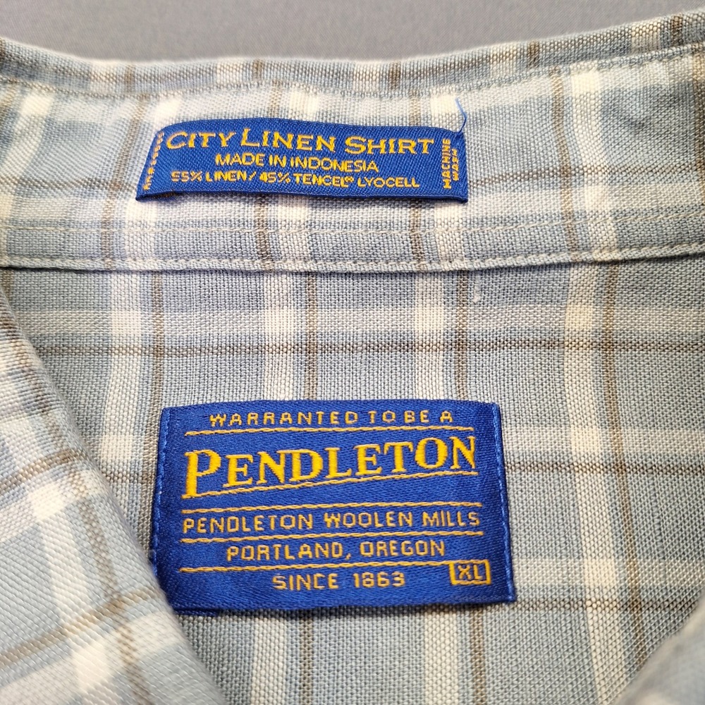 Pendleton Mens City Linen Shirt Blue Plaid Short Sleeve Button Up XL 1131 - Picture 2 of 6